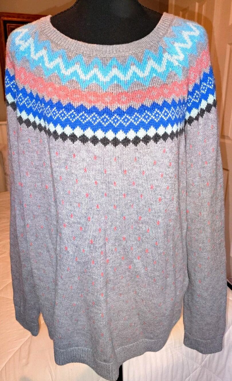 Talbots Gray Fair Isle Sweater Women XL Nordic Winter Crewneck lambswool